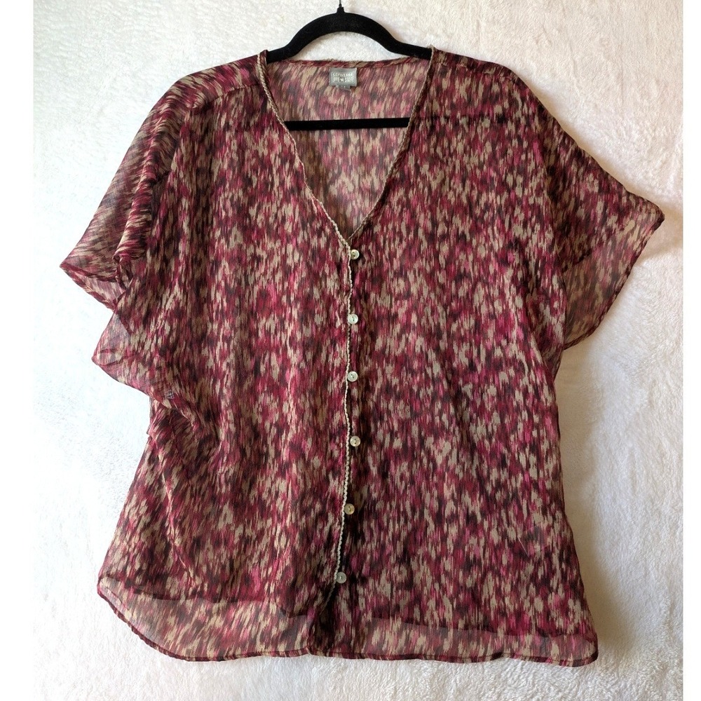 Converse One Star Blouse Womens Medium Burgundy Sheer Ikat Boho Button Down
